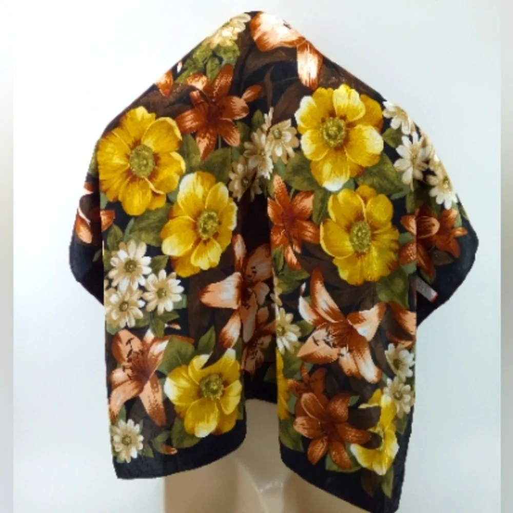 Vintage Square Floral Neck Scarf Satin Style Flowers Black Made in Korea